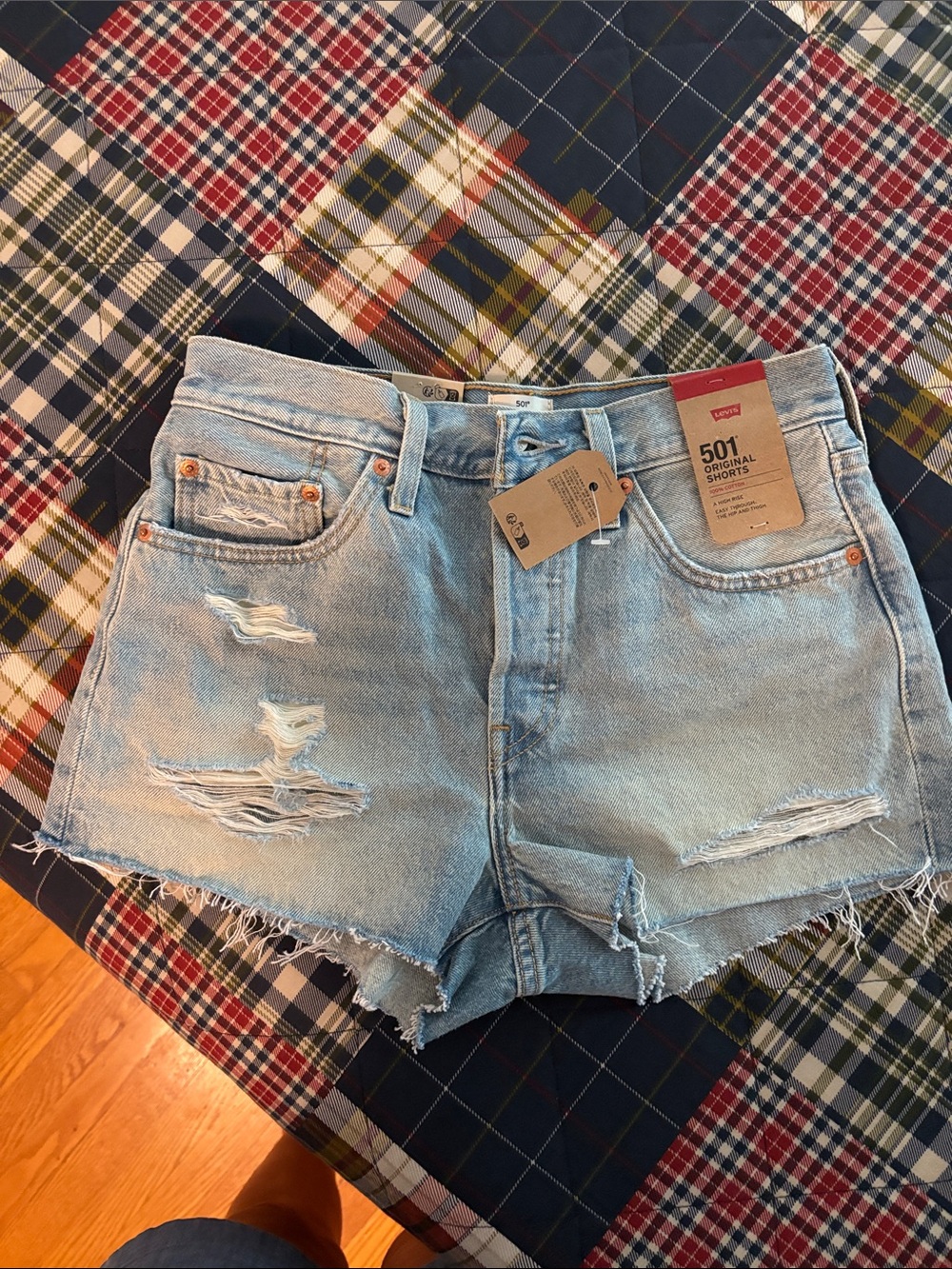 Levi's Light Blue Distressed High-Rise Denim Shorts
